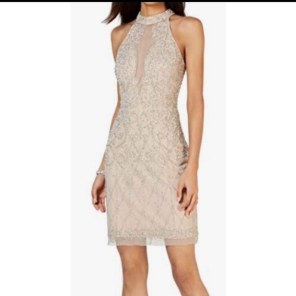 Adrianna Papell Halter Beaded cream tan Cocktail formal Dress size 8